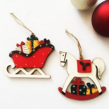 Σετ 2 κρεμαστά ξύλινα στολίδια έλκυθρο και αλογάκι