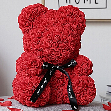 Αρκουδάκι από τεχνητά τριαντάφυλλα κόκκινο - 35 εκ.