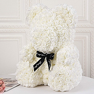 Αρκουδάκι από τεχνητά τριαντάφυλλα λευκό - 35 εκ.