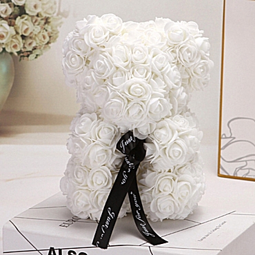 Αρκουδάκι από τεχνητά τριαντάφυλλα λευκό - 25 εκ.