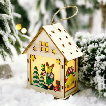 Ξύλινο χριστουγεννιάτικο σπιτάκι με φως και τάρανδο - 12,5 εκ.
