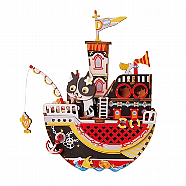 Ξύλινο μουσικό κουτί DIY κατασκευή Fishing Kitty - Robotime