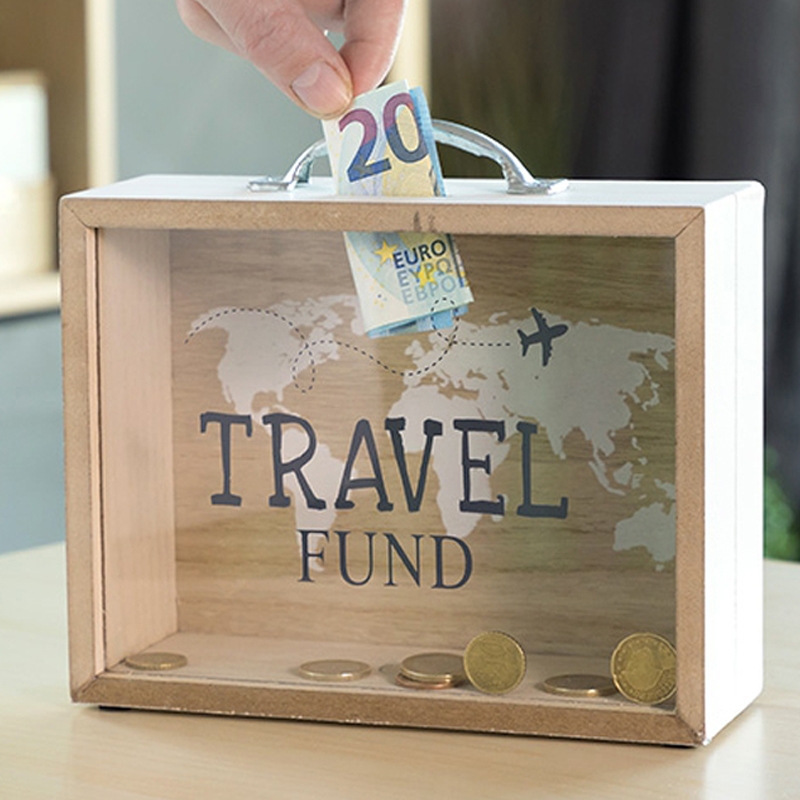 Ξύλινος κουμπαράς βαλίτσα travel fund